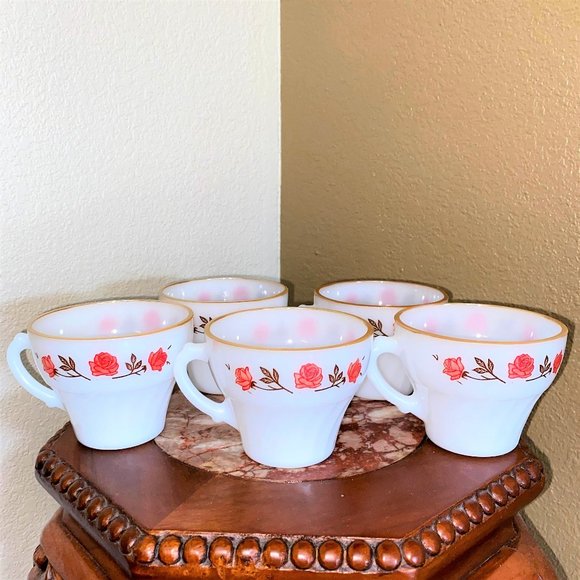 Termocrisa Other - Vintage Termocrisa Milk Glass Set of 5 Floral Gold Tone-Rimmed Coffee Tea Cups